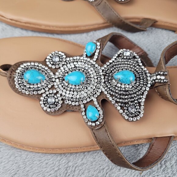Torrid Turquoise & Rhinestone T-Strap Sandals Womens 12W Boho Festival Southwest - Picture 12 of 14
